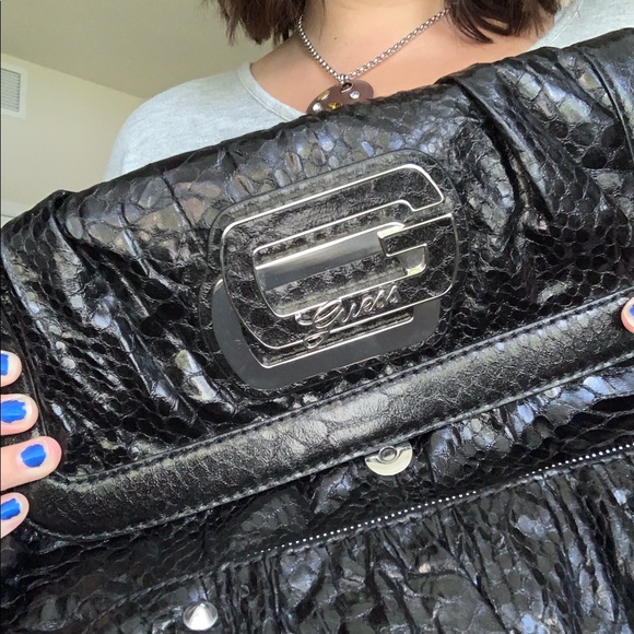Guess Textured Black Shoulder Bag with Silver Accents - Picture 2 of 5